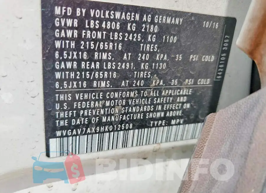 WVGAV7AX9HK012508 Photo# 13