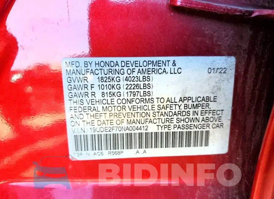 19UDE2F70NA004412 Photo# 12