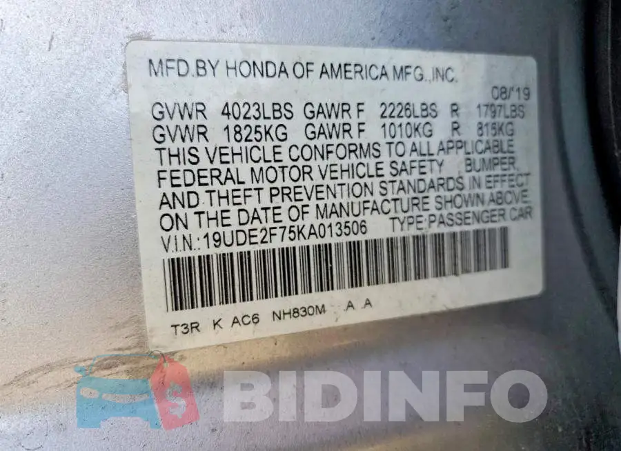 19UDE2F75KA013506 Photo# 12