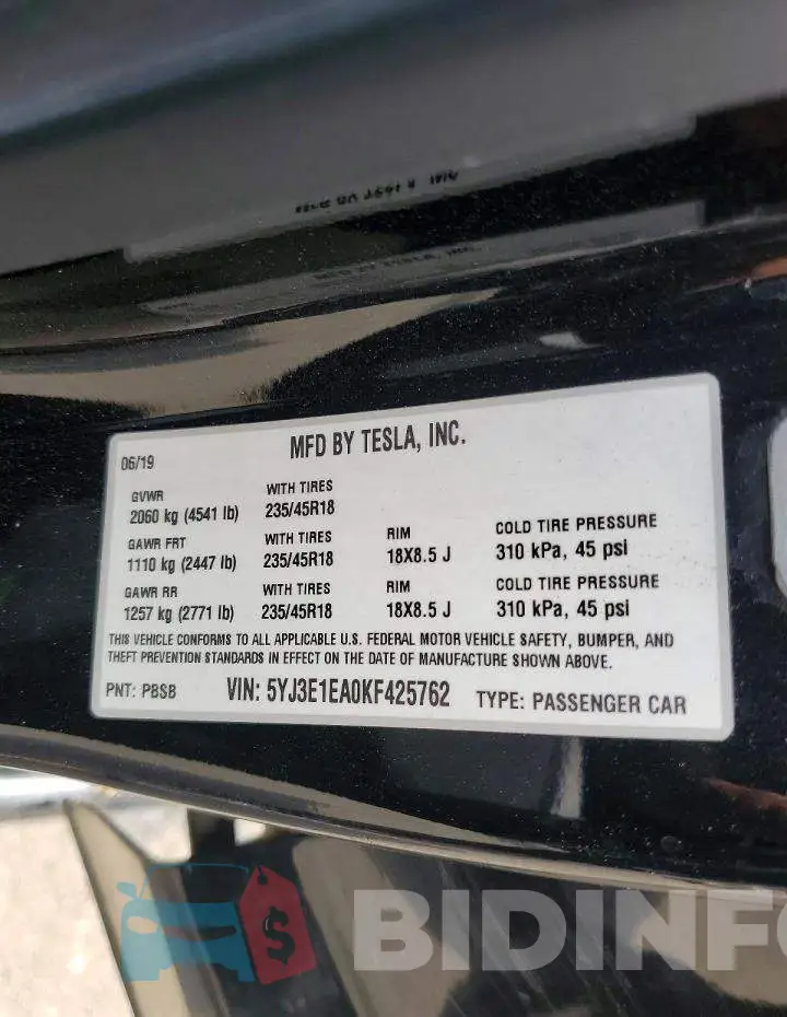 5YJ3E1EA0KF425762 Photo# 12
