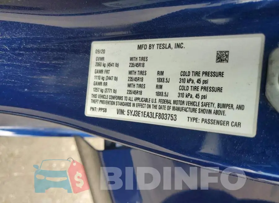 5YJ3E1EA3LF803753 Photo# 12