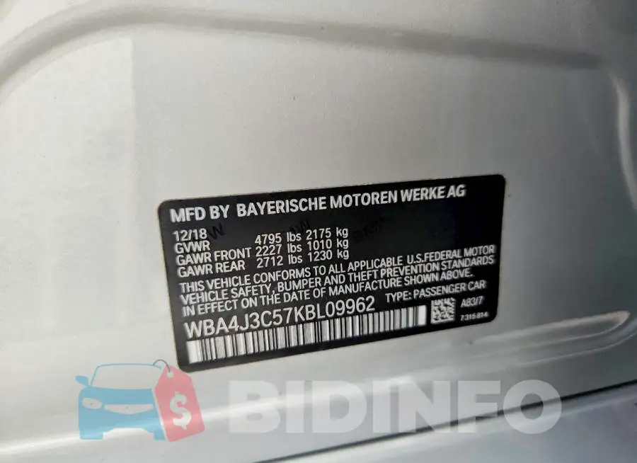 WBA4J3C57KBL09962 Photo# 12