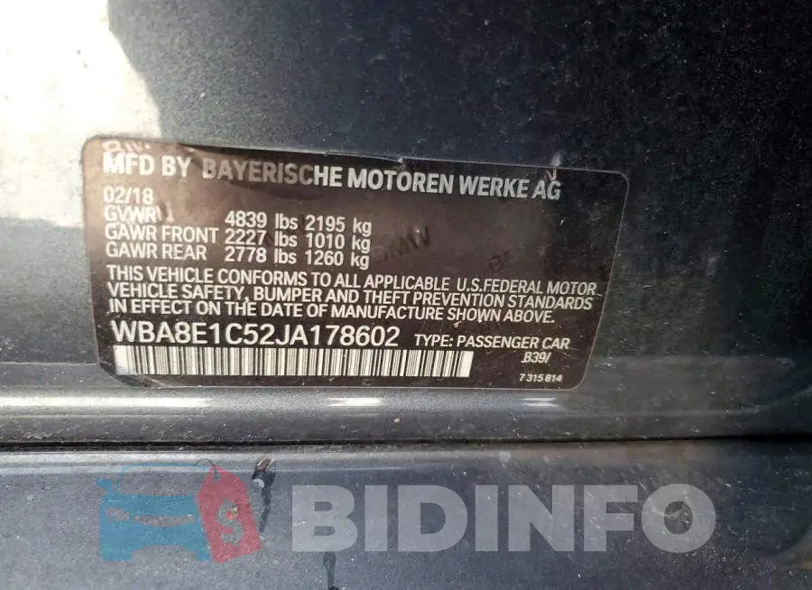 WBA8E1C52JA178602 Photo# 12