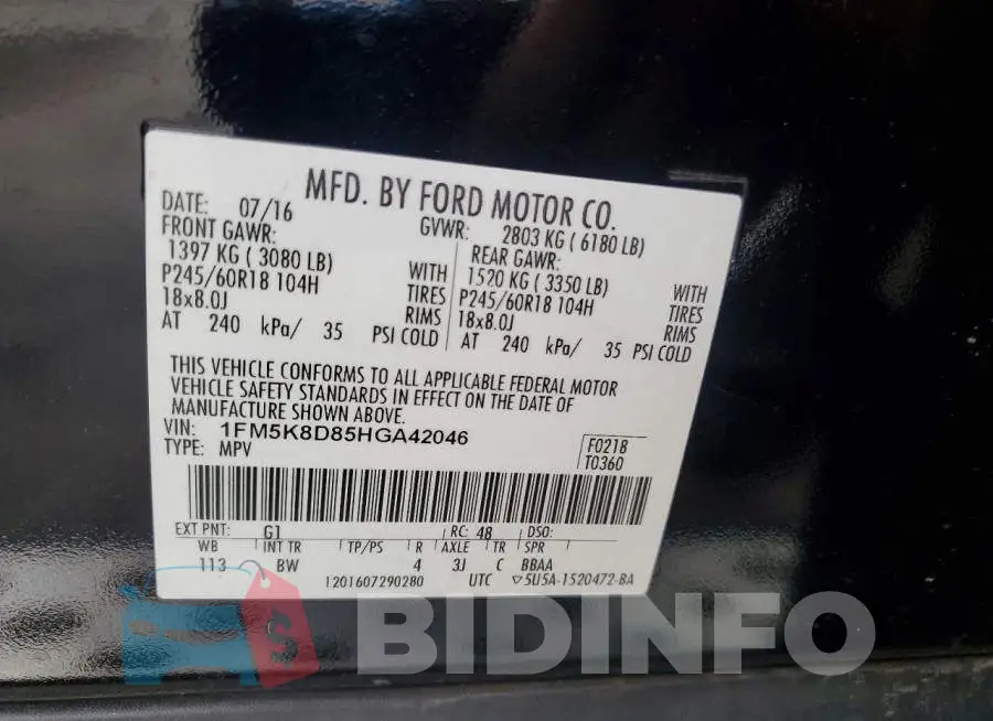1FM5K8D85HGA42046 Photo# 13