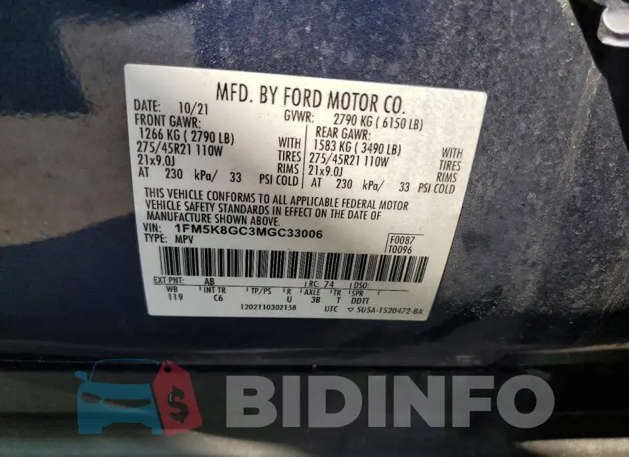 1FM5K8GC3MGC33006 Photo# 13
