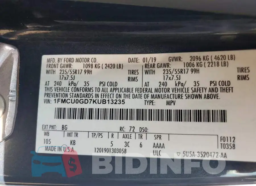1FMCU0GD7KUB13235 Photo# 13