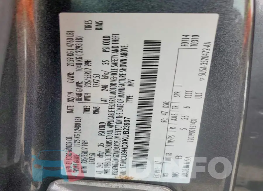 1FMCU9HDXKUB23907 Photo# 13
