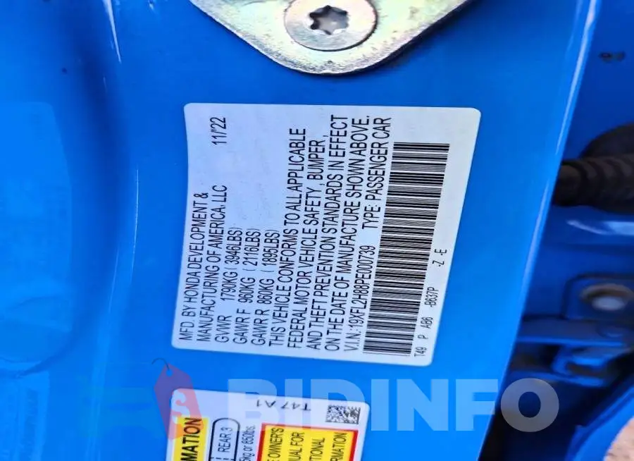 19XFL2H88PE000739 Photo# 12