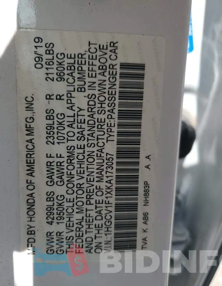 1HGCV1F1XKA173057 Photo# 13