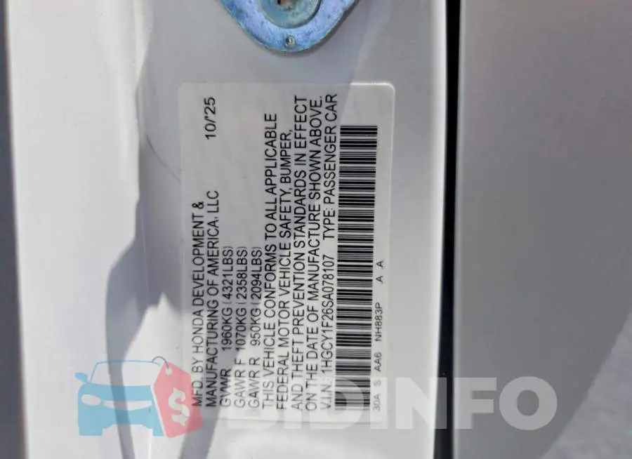1HGCY1F26SA078107 Photo# 12
