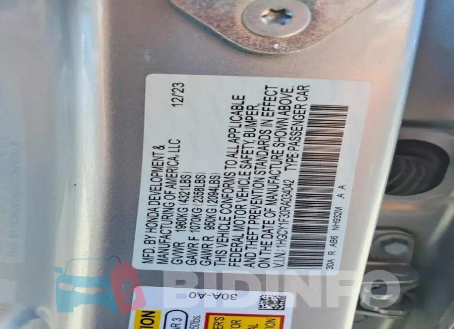 1HGCY1F30RA034042 Photo# 12
