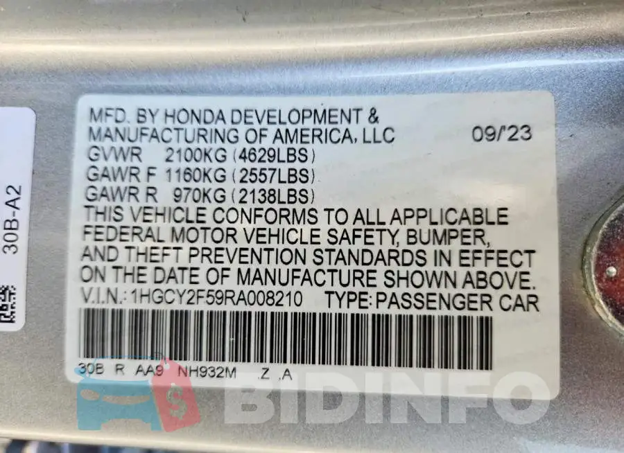 1HGCY2F59RA008210 Photo# 13