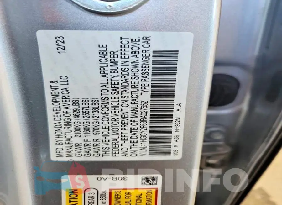 1HGCY2F63RA027652 Photo# 12