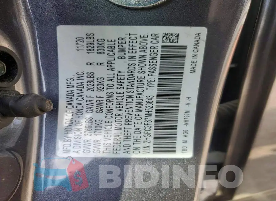 2HGFC2F87MH523643 Photo# 13