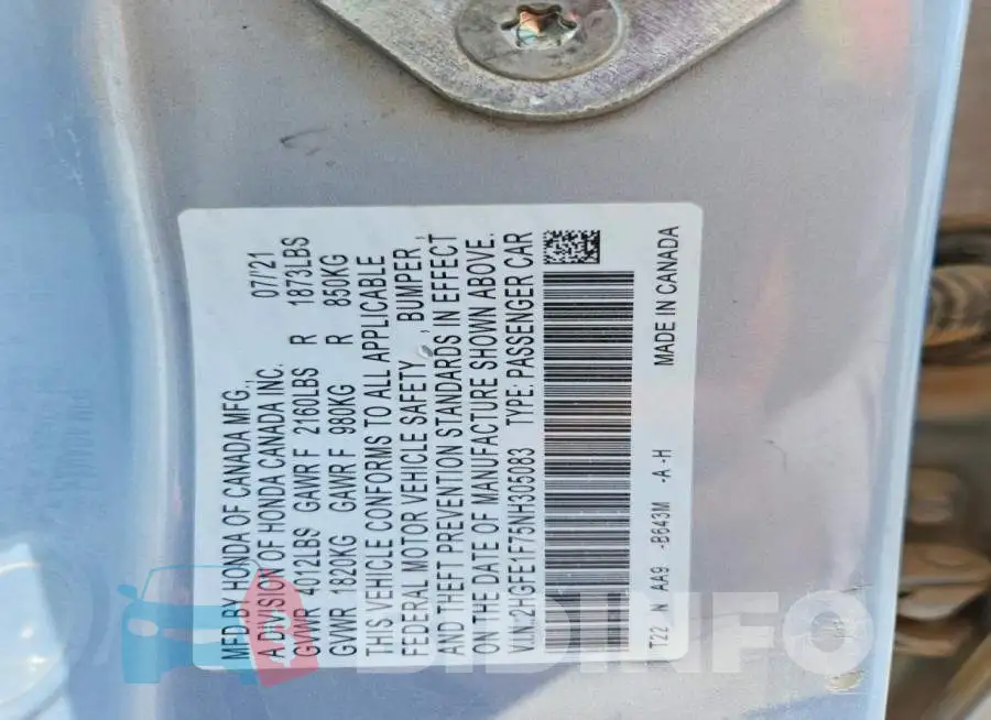 2HGFE1F75NH305083 Photo# 13
