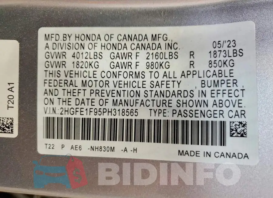 2HGFE1F95PH318565 Photo# 13