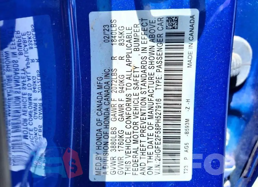 2HGFE2F58PH527916 Photo# 13