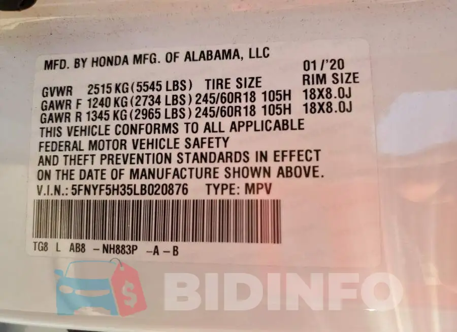 5FNYF5H35LB020876 Photo# 13