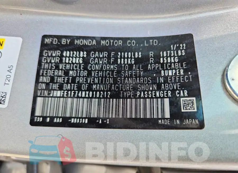 JHMFE1F74NX010212 Photo# 12