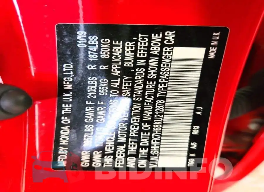 SHHFK7H68KU212878 Photo# 13
