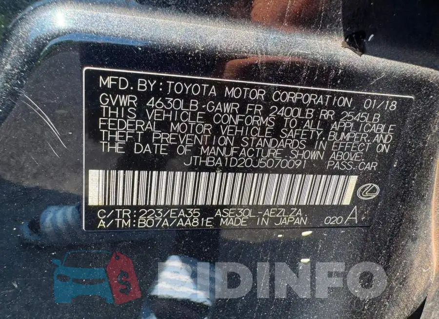 JTHBA1D20J5070091 Photo# 10
