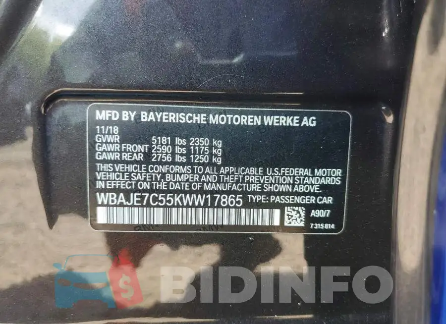 WBAJE7C55KWW17865 Photo# 13