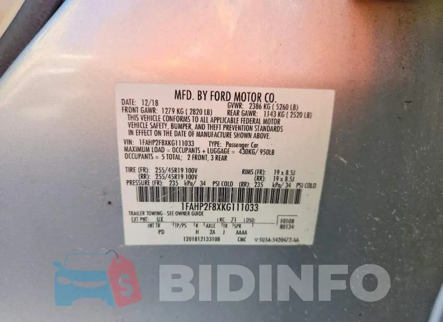 1FAHP2F8XKG111033 Photo# 13
