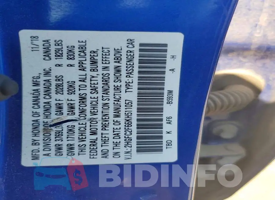 2HGFC2F66KH511057 Photo# 13