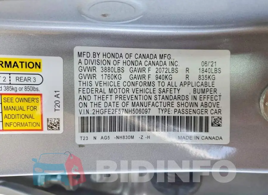2HGFE2F57NH506097 Photo# 12