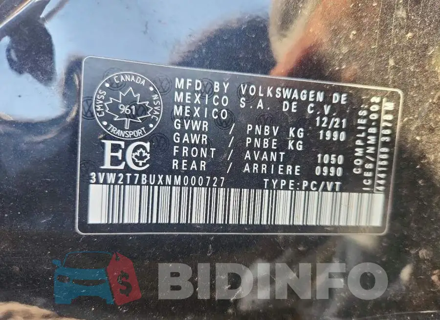 3VW2T7BUXNM000727 Photo# 13
