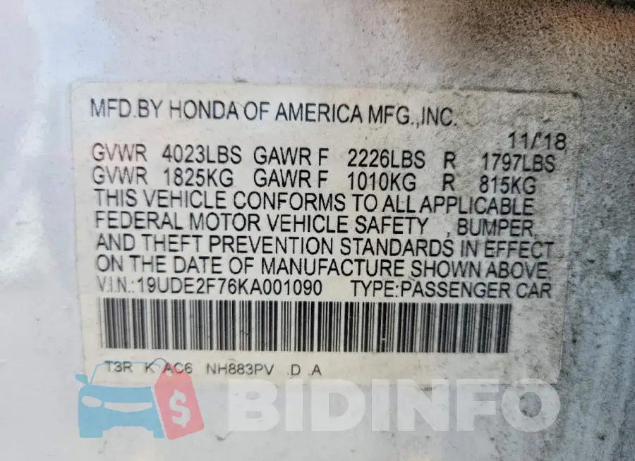 19UDE2F76KA001090 Photo# 13