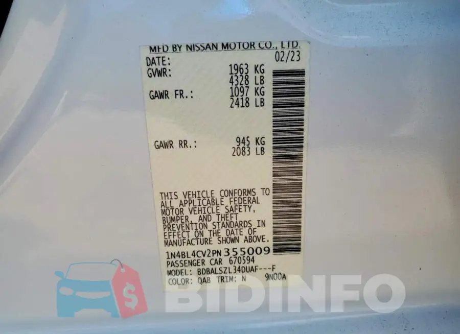 1N4BL4CV2PN355009 Photo# 12