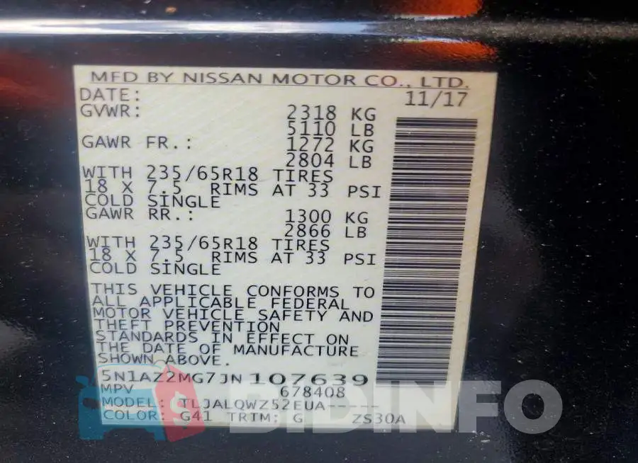 5N1AZ2MG7JN107639 Photo# 13