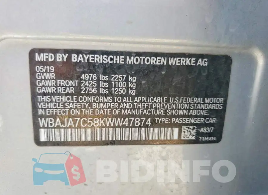 WBAJA7C58KWW47874 Photo# 12