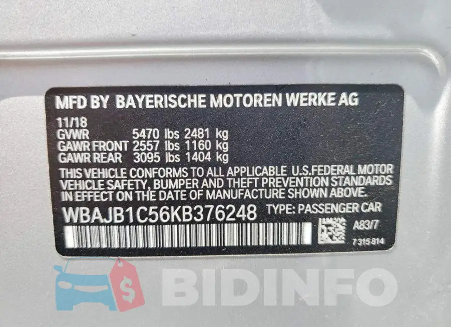 WBAJB1C56KB376248 Photo# 13