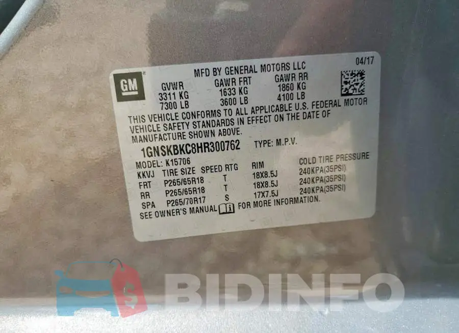 1GNSKBKC8HR300762 Photo# 13