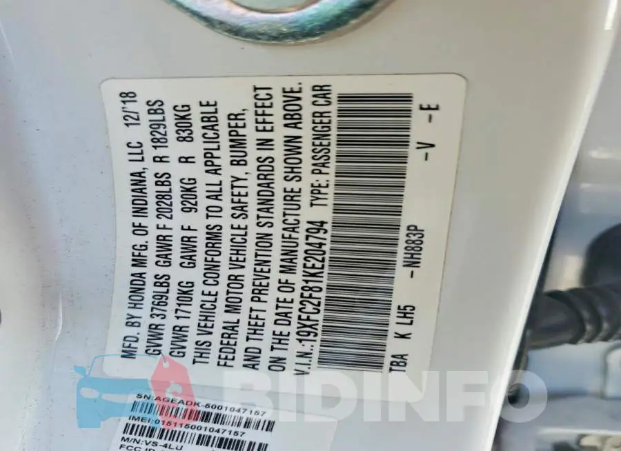19XFC2F81KE204794 Photo# 13