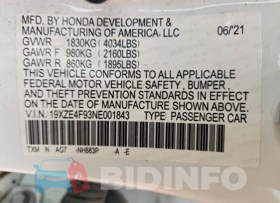19XZE4F93NE001843 Photo# 12