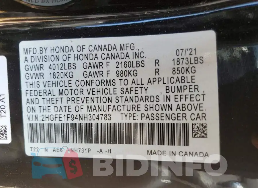 2HGFE1F94NH304783 Photo# 13