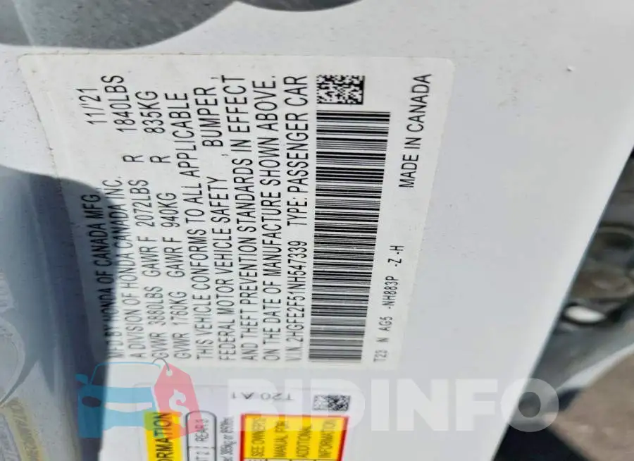 2HGFE2F51NH547339 Photo# 12