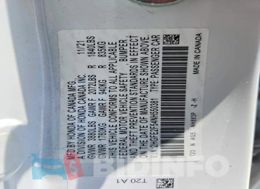 2HGFE2F54NH550381 Photo# 12
