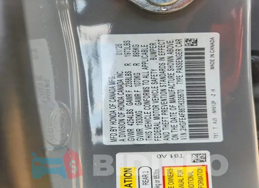 2HGFE4F86TH335670 Photo# 12