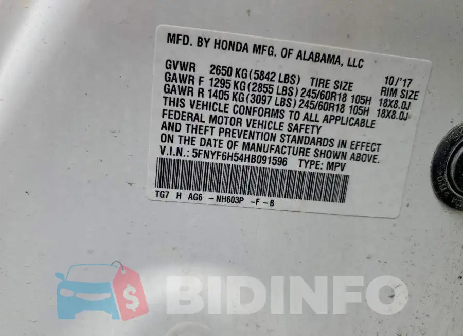 5FNYF6H54HB091596 Photo# 13