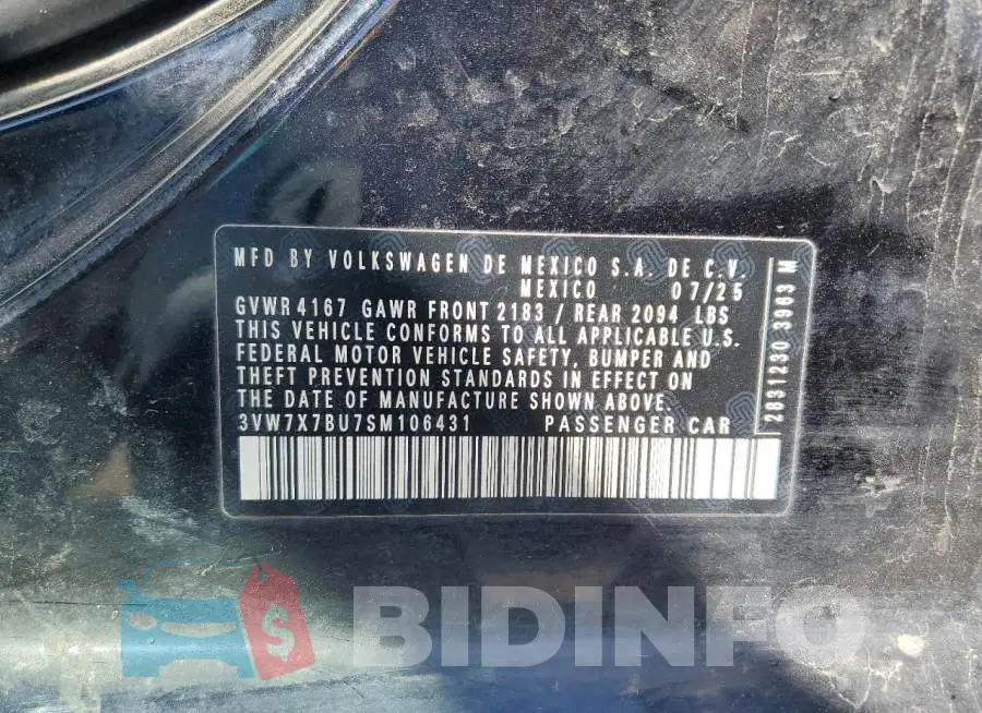 3VW7X7BU7SM106431 Photo# 12