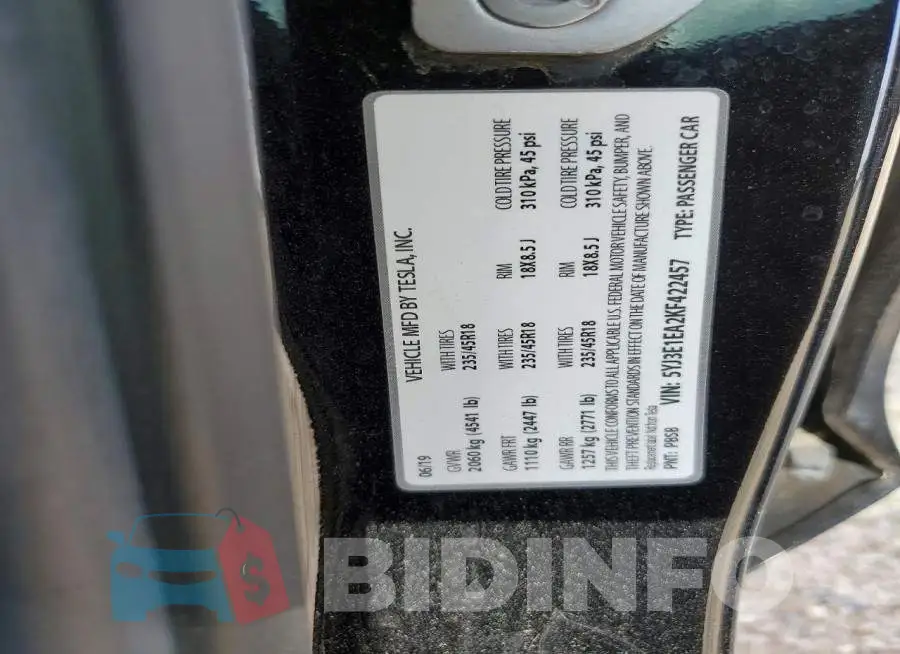 5YJ3E1EA2KF422457 Photo# 13