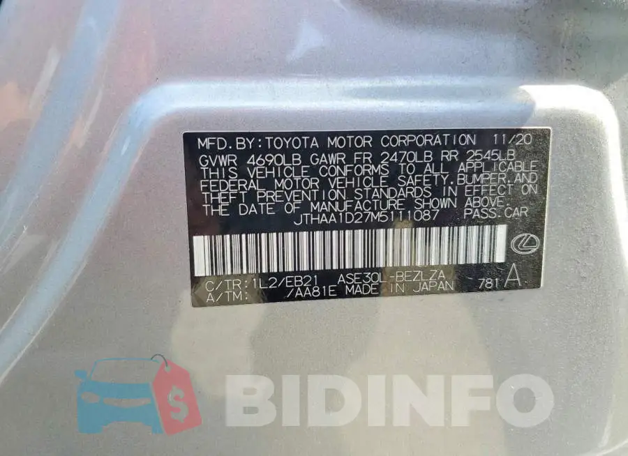 JTHAA1D27M5111087 Photo# 12