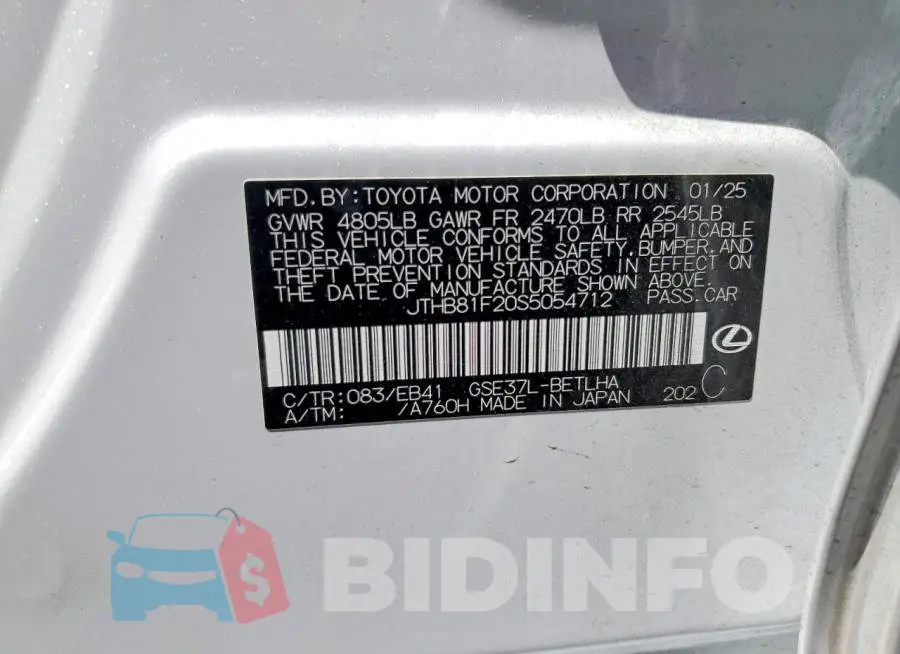JTHB81F20S5054712 Photo# 13