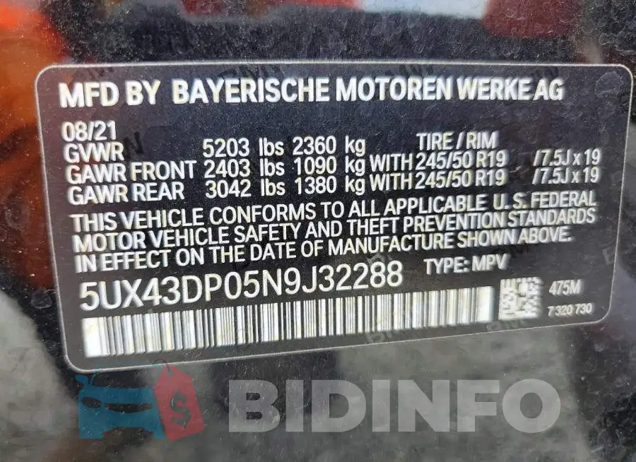 5UX43DP05N9J32288 Photo# 13