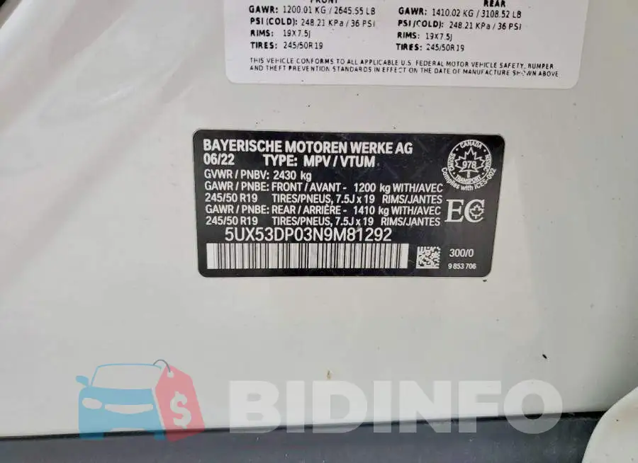 5UX53DP03N9M81292 Photo# 13