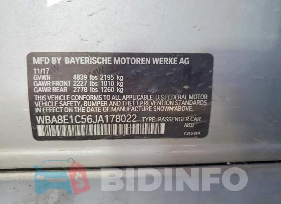 WBA8E1C56JA178022 Photo# 12